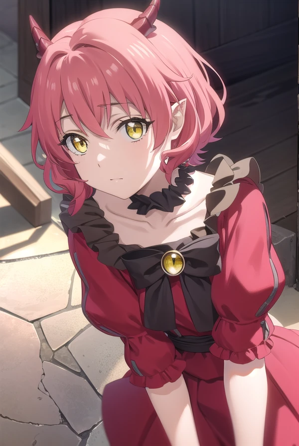 kemonohanako, <lora:kemono hanako s1-lora-nochekaiser:1>,
hanako, short hair, (yellow eyes:1.3), pink hair, horns,
BREAK dress, bow, tail, pantyhose, red dress, red footwear, bloomers, frills, collarbone, gemstone, juliet sleeves, puffy sleeves, choker,
BREAK outdoors, forest,
BREAK looking at viewer, (cowboy shot:1.5), dynamic pose,
BREAK <lyco:GoodHands-beta2:1>, (masterpiece:1.2), best quality, high resolution, unity 8k wallpaper, (illustration:0.8), (beautiful detailed eyes:1.6), extremely detailed face, perfect lighting, extremely detailed CG, (perfect hands, perfect anatomy),