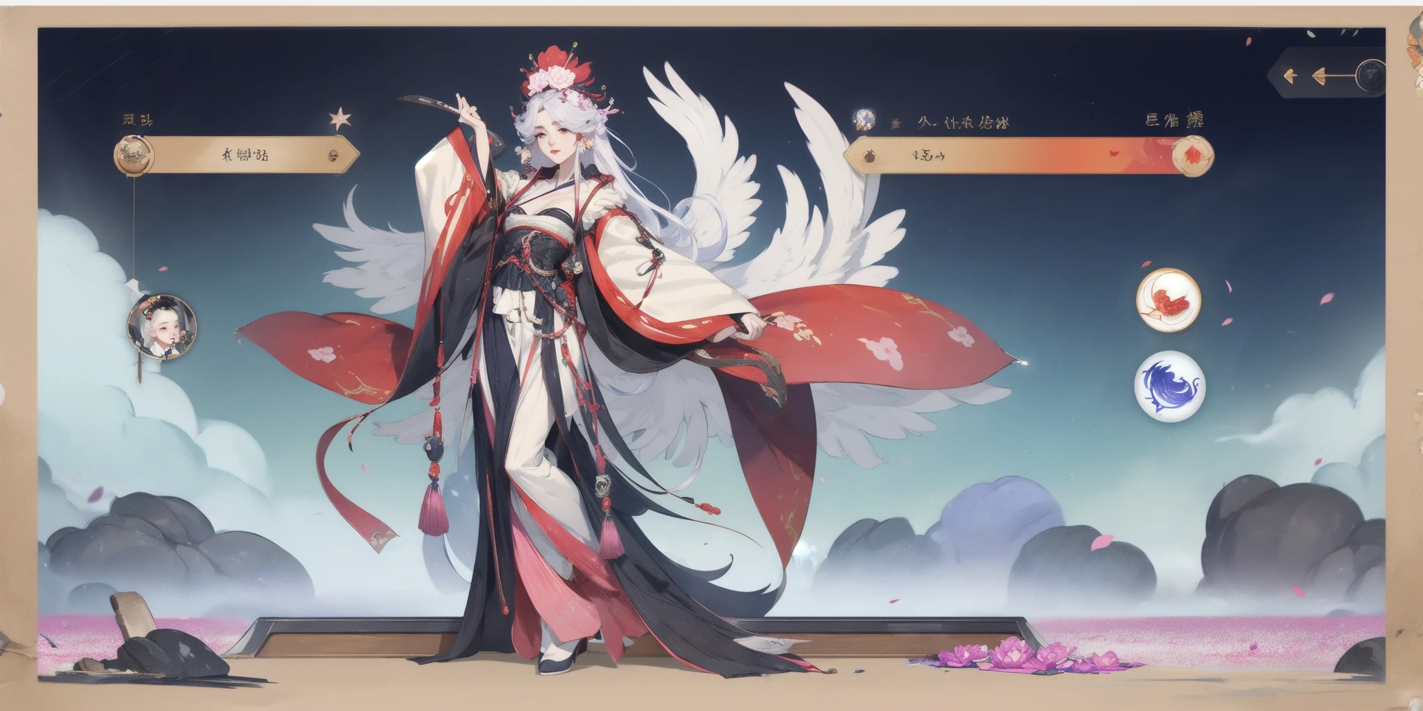 Antique style,top-notch,game interface (activity interface),game mechanism,tags,buttons,1Girl,Hanfu,long hair,curly white hair,phoenix crown,wearing peony on the head,head up,eyes,solo,pink seven dresses,long cloak,wide sleeves,red shoulder straps,handheld folding fan,sleeve dance,flower petals,full body display,currency bar,tags,back in the upper right corner,progress bar,buttons,paper background,English text,8k,high quality,exquisite details,High resolution,4k,8k,