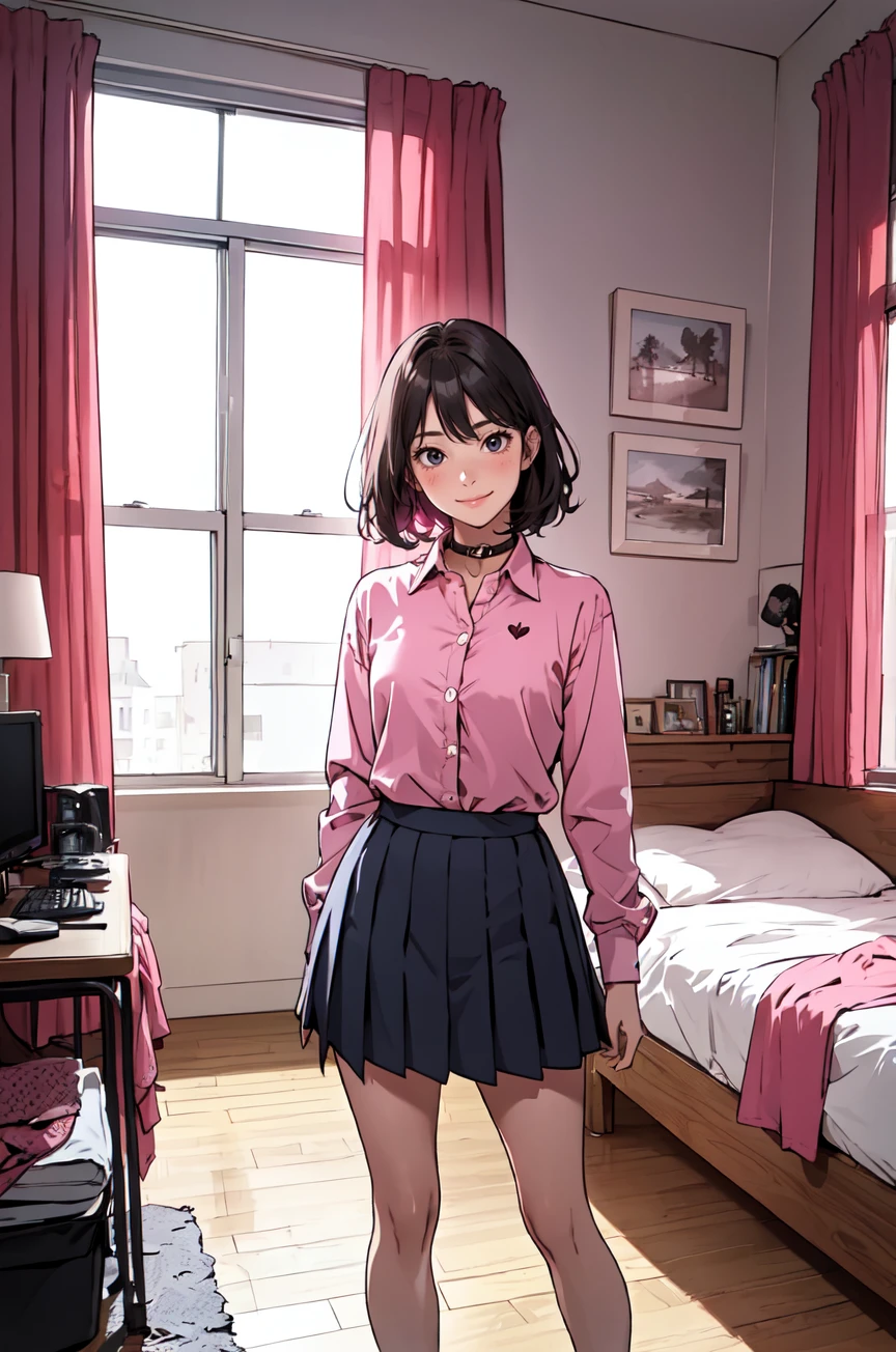 masterpiece, best quality,1girl,smile,messy room,collared_shirt and flared_skirt as material3,pink theme,front view