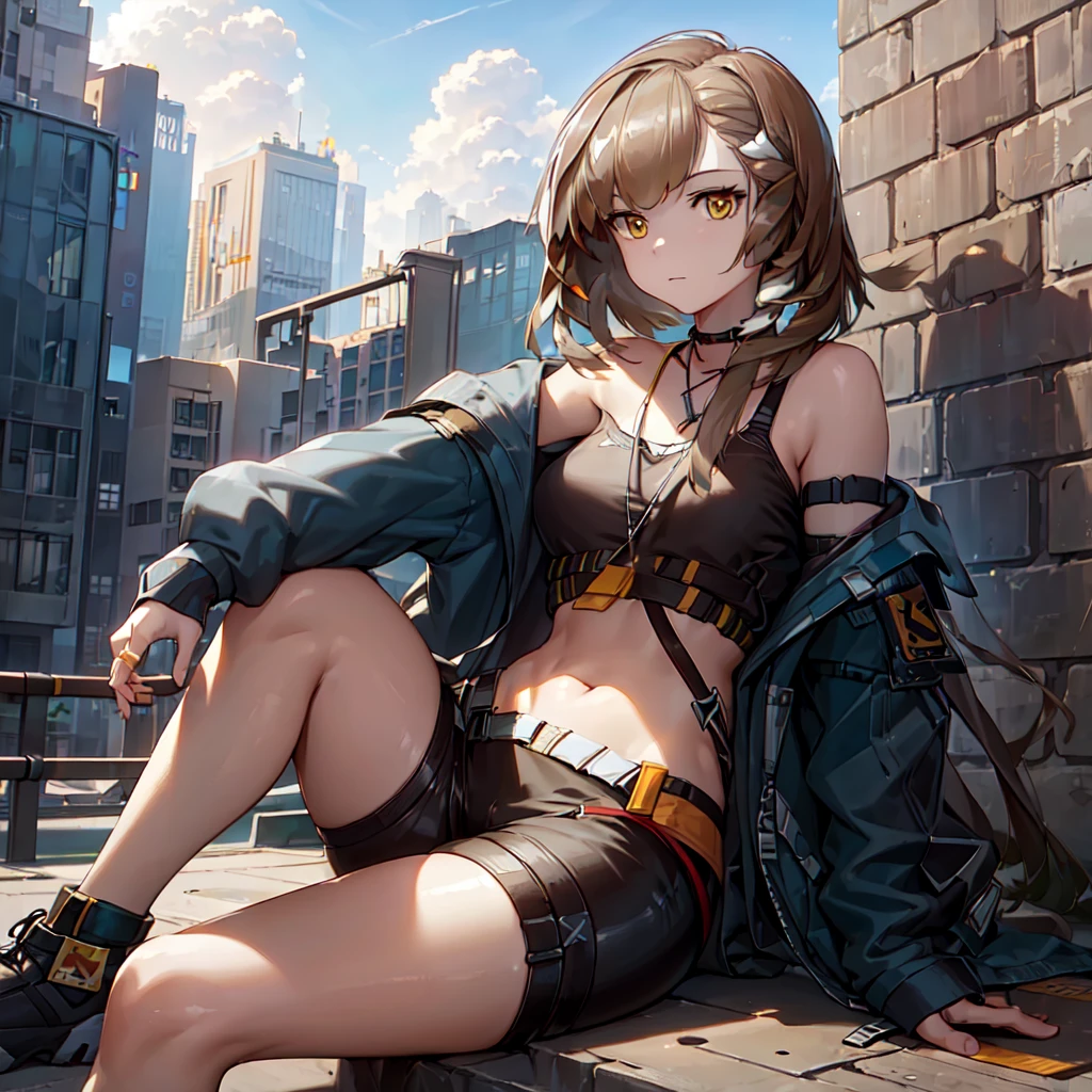 ((firewhistle \(arknights\))), 1girl, solo, masterpiece, detailed, cityscape, outdoors, realistic, sitting, posing, <lora:Firewhistle_Arknights:0.6>
