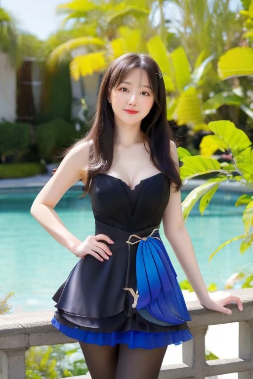 <lora:@huang_arty_v1:1>, beautiful girl, long hair, lips, [[ideal medium breasts]], (matching outfit), standing, (photo shoot), looking at viewer, smirk,
outdoors, nature, crystal water, day, [sunlight, clear weather], (real lighting, best quality, high quality, highres),
 <lora:Keqing Opulent_Splendor:1> keqing \\(genshin impact\\), strapless two-tone dress, tutu dress, dress, layered dress, strapless dress, black pantyhose,