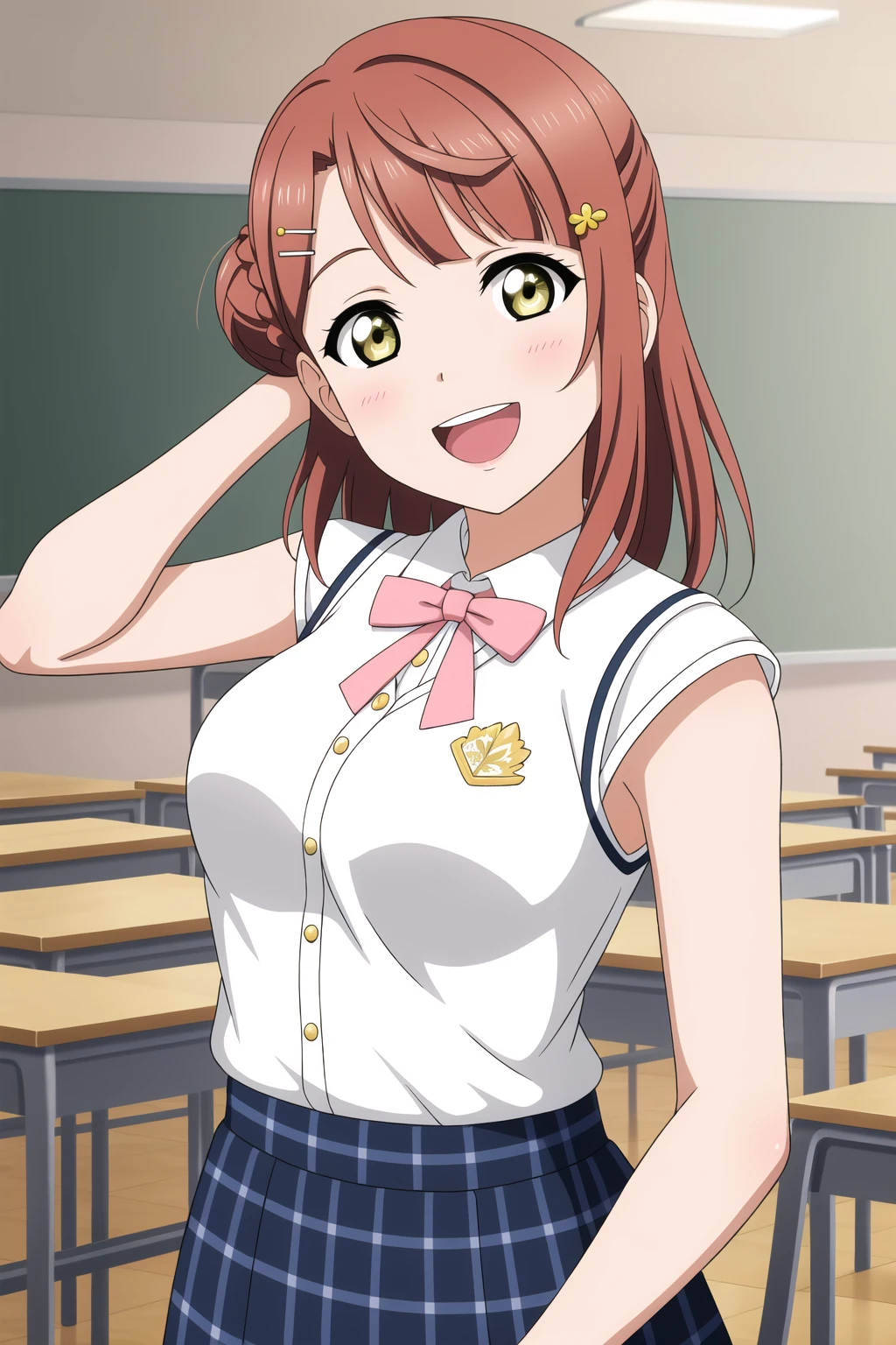 1girl, ayumu uehara, pink hair, hair ornament, yellow eyes, single side bun, <lora:AyumuaUehara_Mistoon_Locon_CulturedDiffusion:0.5>
school uniform, classroom, table, chair,
smile, open mouth, hand on own chest, spread armpit,
masterpiece, best quality, highres, absurdres