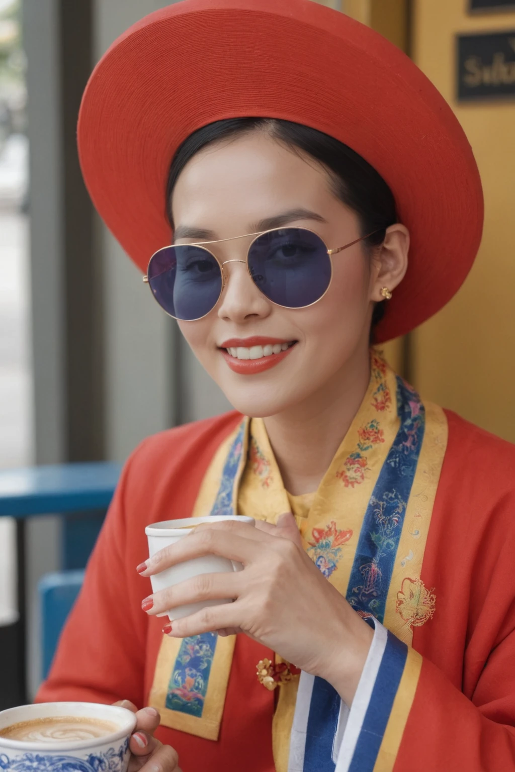 <lora:Vietnamese_disk_hat_XL:1> medium closeup, d1sk_h4t, awoman in a red and yellow outfit, sunglasses, (blue hat), drinking coffee at a Saigon cafe, smile