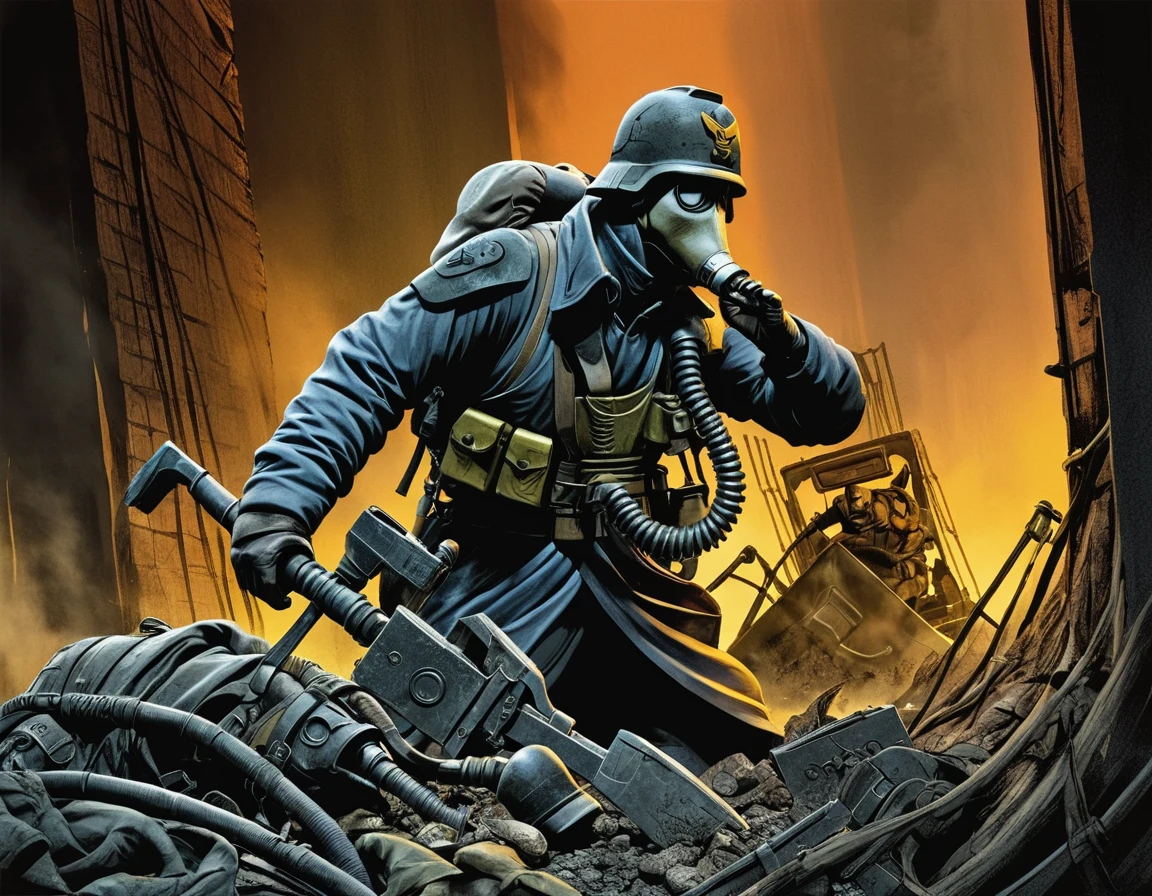 Masterpiece, highest quality, Anime \(style\), Death Korps of Krieg Engineer digging a tunnel, gas mask, shovel, on an active battlefield, barbwire, debris, smoldering smoke, warhammer 40k, grimdark, cel shading, extremely detailed, 
AND_PERP anime illustration, bold colors :1
 <lora:Death-Korps-000007:1>