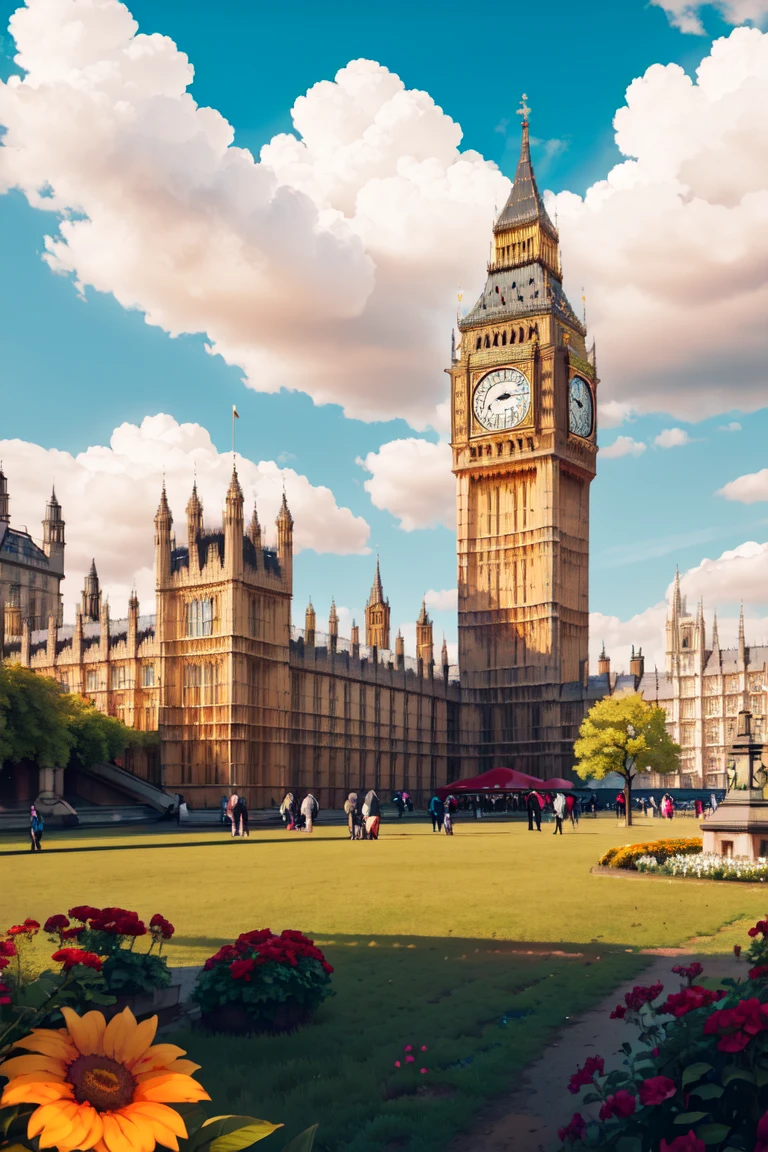 ((masterpiece,best quality)), anime style,  <lora:Big_Ben:0.8>,  Big Ben, flower, day, cloud, tree, blue sky, grass, field, castle