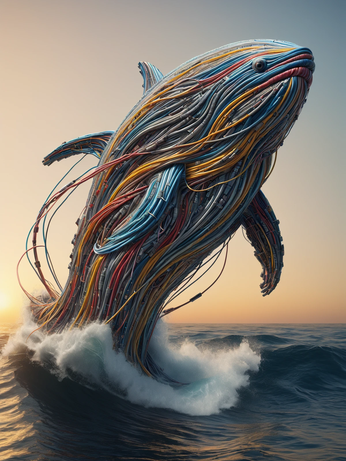 whale made of mad-cables jumping out of the ocean, golden hour <lora:Cables_SDXL:0.6>, (masterpiece:1.2), best quality, (hyperdetailed, highest detailed:1.2), high resolution textures