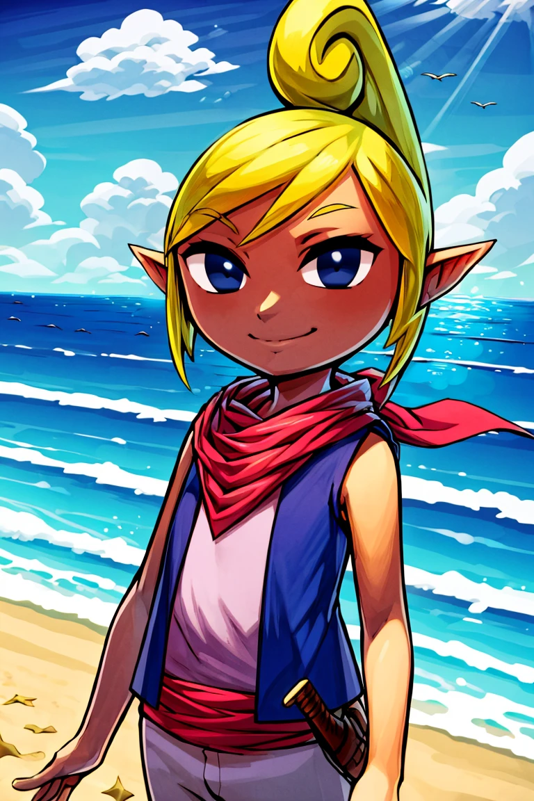 ((masterpiece, best quality)), anime style, <lora:Toon_Tetra_Zelda_v1:0.7>, toon tetra, blue eyes, solo, smile, looking at viewer, cowboy shot, small bikini, no bra, nipples, black choker, zipper, fingerless gloves, spikes, unzipped, high collar, sitting on a beach towel at the beach,