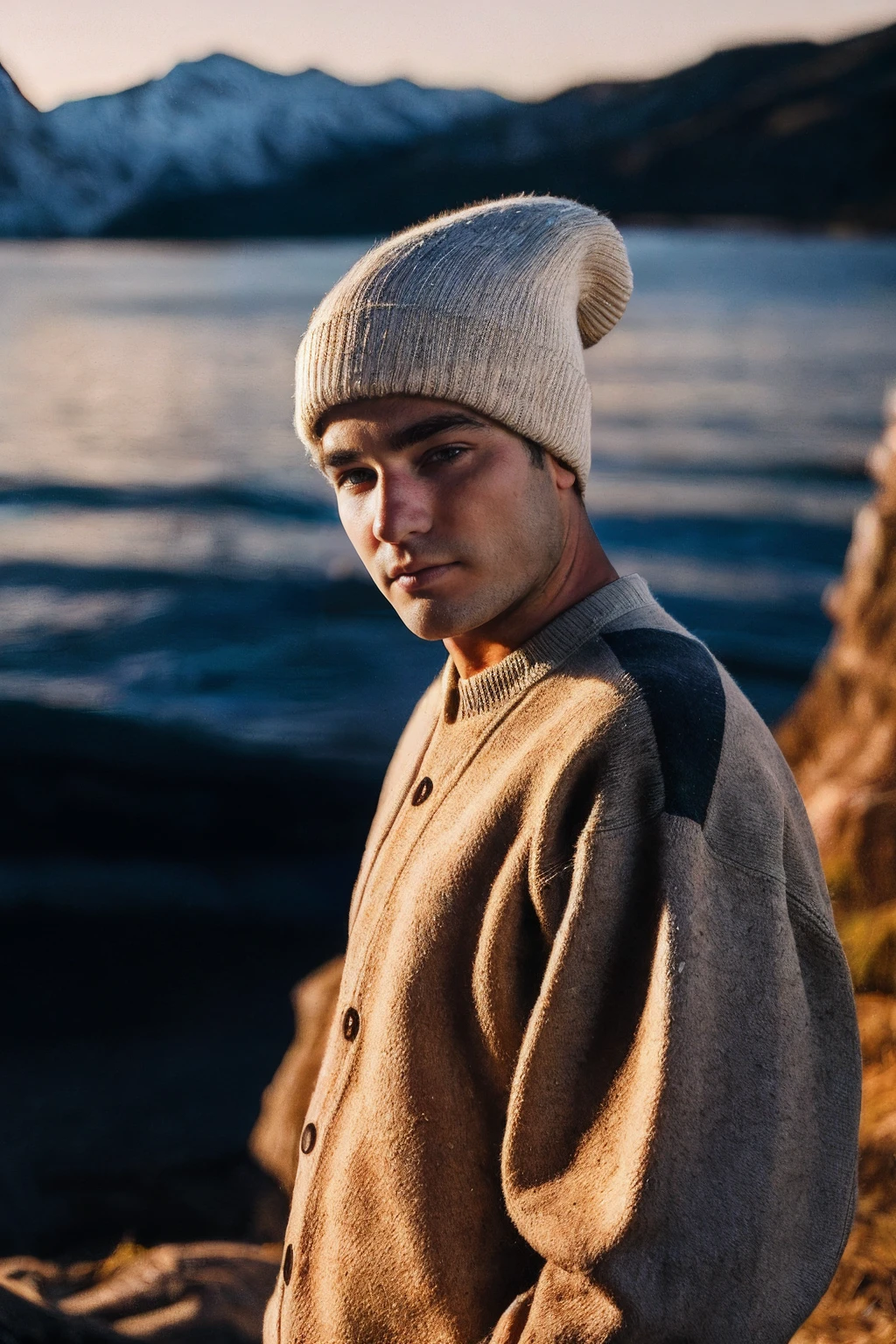photo of sc_tanner <lora:sc_tanner_prodigy-06:1>, wearing a fisherman's jacket, wool sweater, beanie, Corey Arnold style, rugged, surreal, vivid detail, emotional resonance, natural light, immersive quality