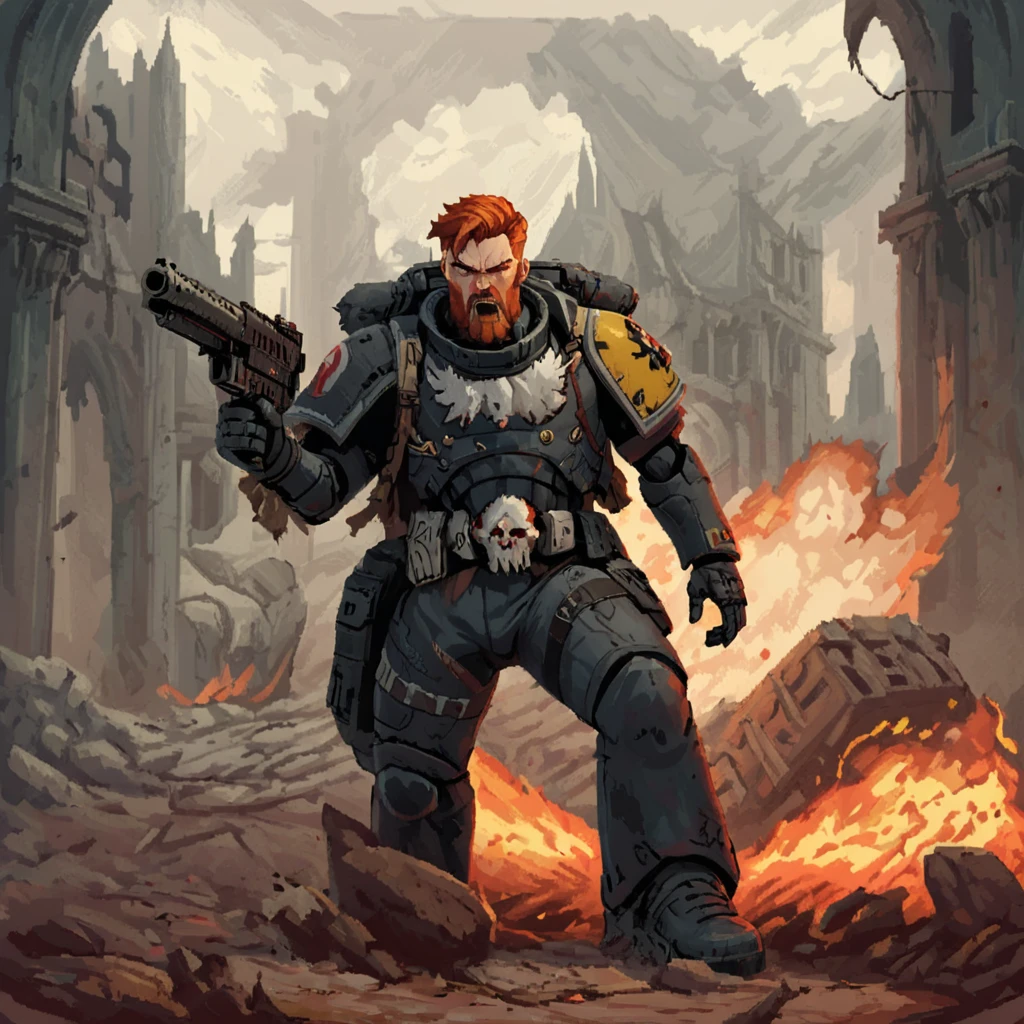 a solo spcwlf man holding a heavy bolter, with a wolf, red hair, beard, braids, dramatic action pose, battlefield, city, ruins, cathedral, explosions, fire