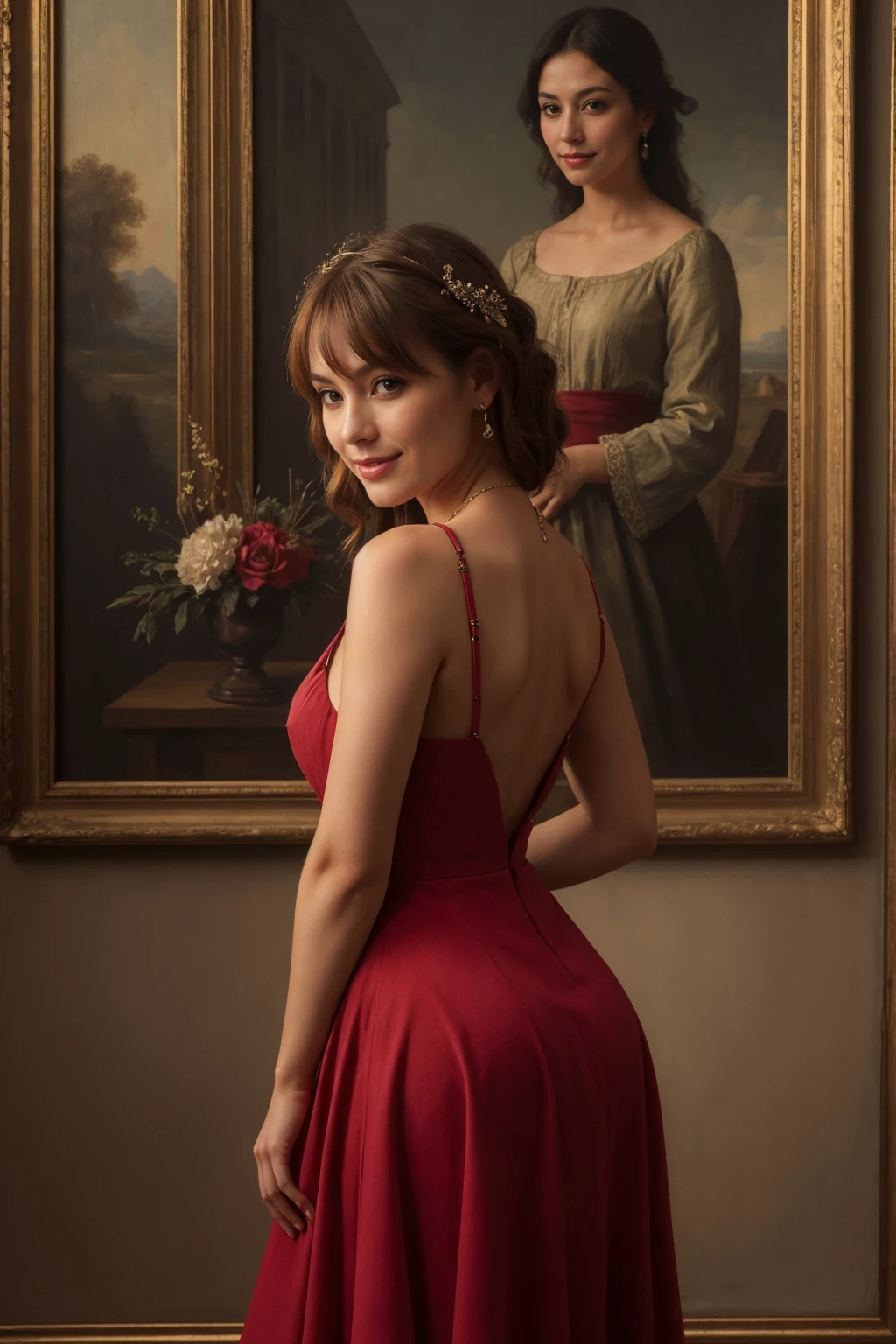 ((masterpiece)), ((detailed)), ((best quality)), (Breathtaking), ((Spectacular)), (Impressive), Woman,red dress,smile,bangs,Oil painting, Oil on canvas, Traditional painting, shallow lighting, Rim light, Separation light, Halo effect, Small aperture, Sharp from front to back