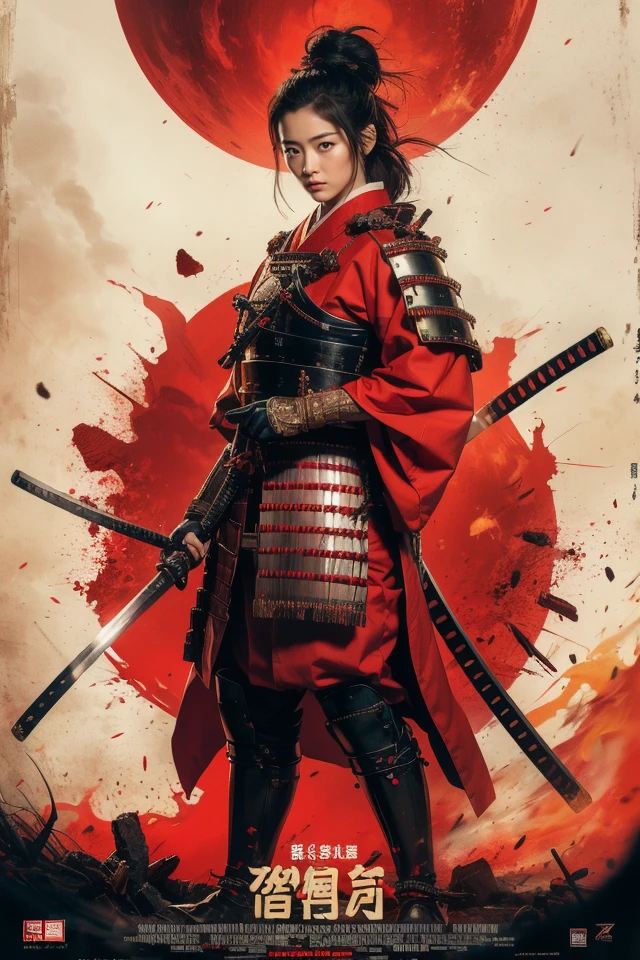 Akira Kurosawa's cinematic style poster,A 28-year-old girl,full body shoot,embodying the spirit of a Samurai from the Warring States Period in Japan. Brightly colored,with a backdrop of war,She wears traditional samurai armor adorned with intricate details,holding a katana with determination,The falling smoke of gunpowder,symbolizing the beauty amidst conflict,Detailed,historical,and with a touch of elegance,cinematic,detailed,style dominated by red,minimalist composition shimmer,edge ligh,
best quality,masterpiece,an extremely delicate and beautiful,CG,unity,8k wallpaper,Amazing,finely detail,masterpiece,official art,extremely detailed CG unity 8k wallpaper,incredibly absurdres,huge filesize,ultra-detailed,highres,extremely detailed,<lora:Samurai_20240302050726:0.8>,