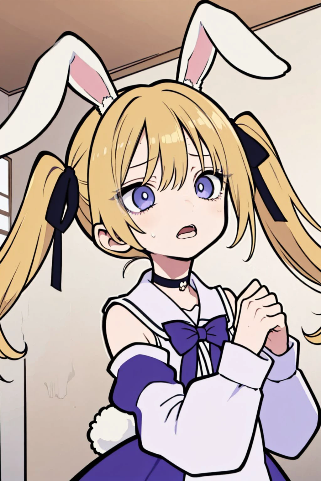 1girl,solo,masterpiece,best quality,indoors,pose,animal ears,blonde hair,blue eyes,bow,choker,detached sleeves,floating hair,hair ornament,hair ribbon,horns,long hair,looking up,open mouth,purple ribbon,rabbit ears,ribbon,slit pupils,sweat,twintails,