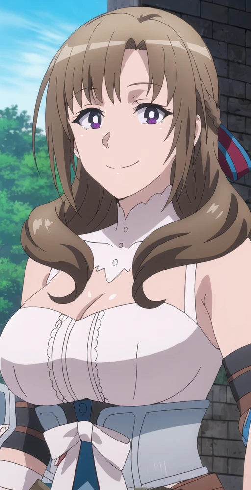 nsfw, (1boy, faceless male, POV, fellatio, blowjob, mouth in penis, deepthroat, :>=), hetero, anime cels style, best quality, high resolution, garden, 1girl, huge breasts, mamako_oosuki, long hair, brown hair, purple eyes, mature female, bright pupils, ribbon, white gloves, white dress, blush, embarrassed, happy, smile