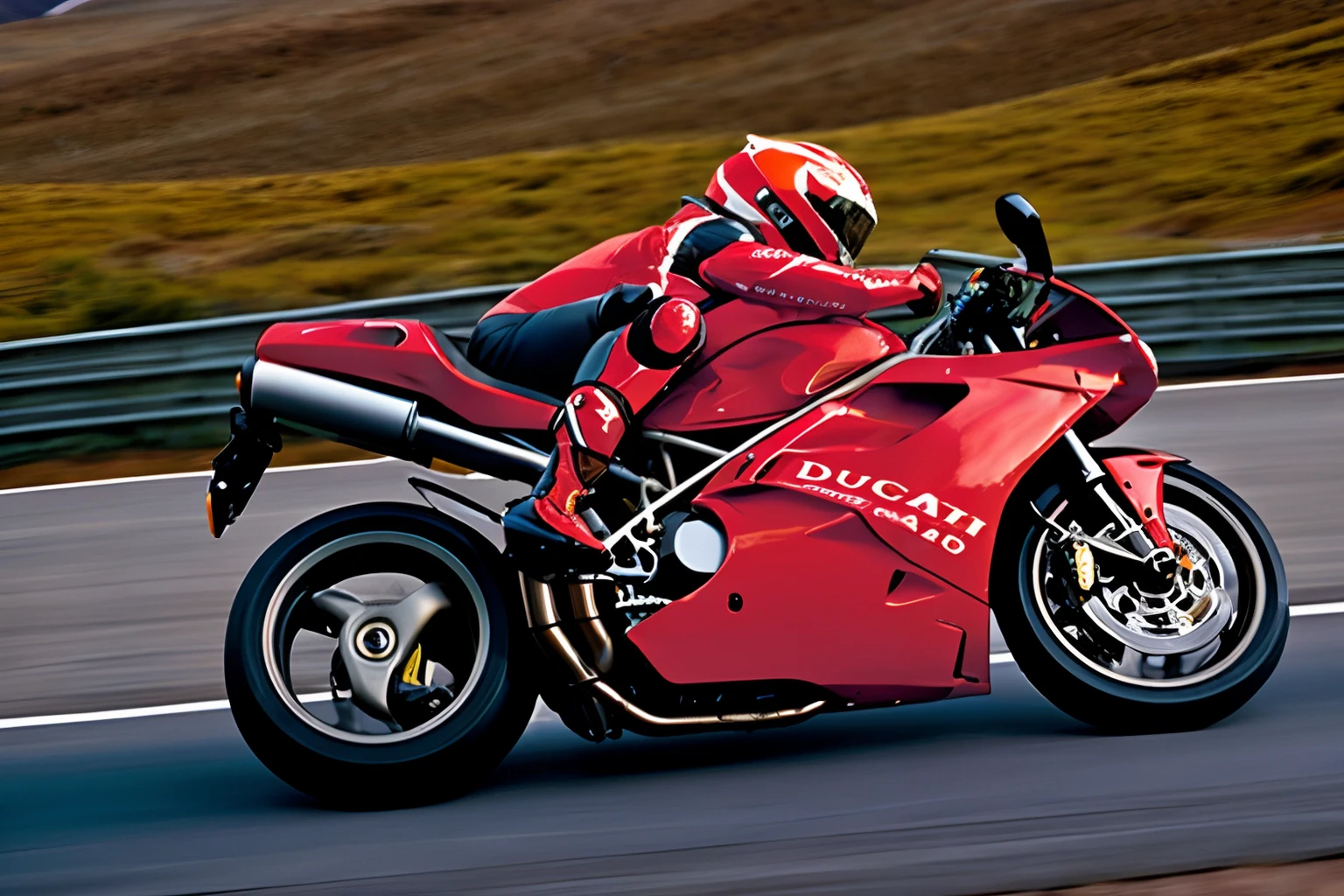 Photo of a red ducati916 being ridden on a curvy road in the mountains <lora:Ducati_916_by_IMAK:.6>