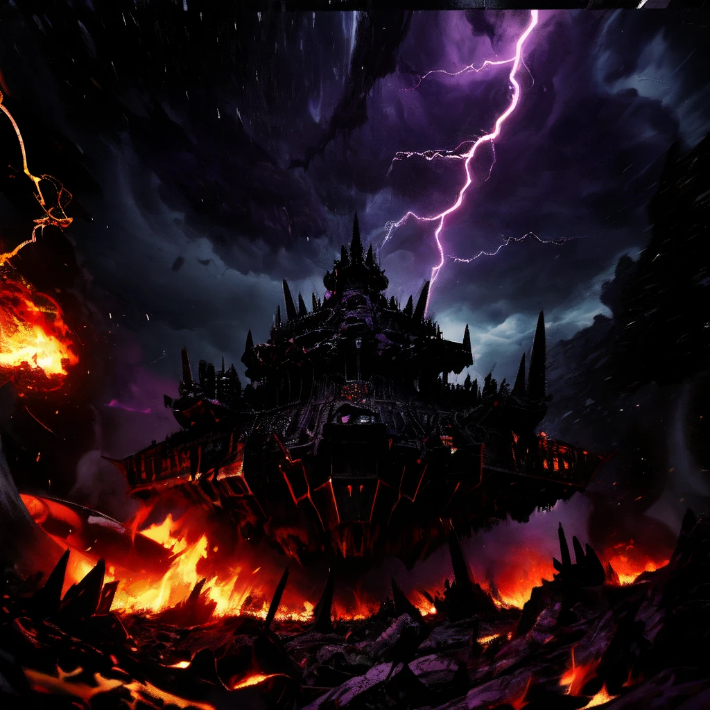 chaoswarfleet, in space, (purple), spikes, demons, battle, exposions, fire, motion_blur, maelstrom, storm, green glow, lightning, no humans, horror_theme, hellish,