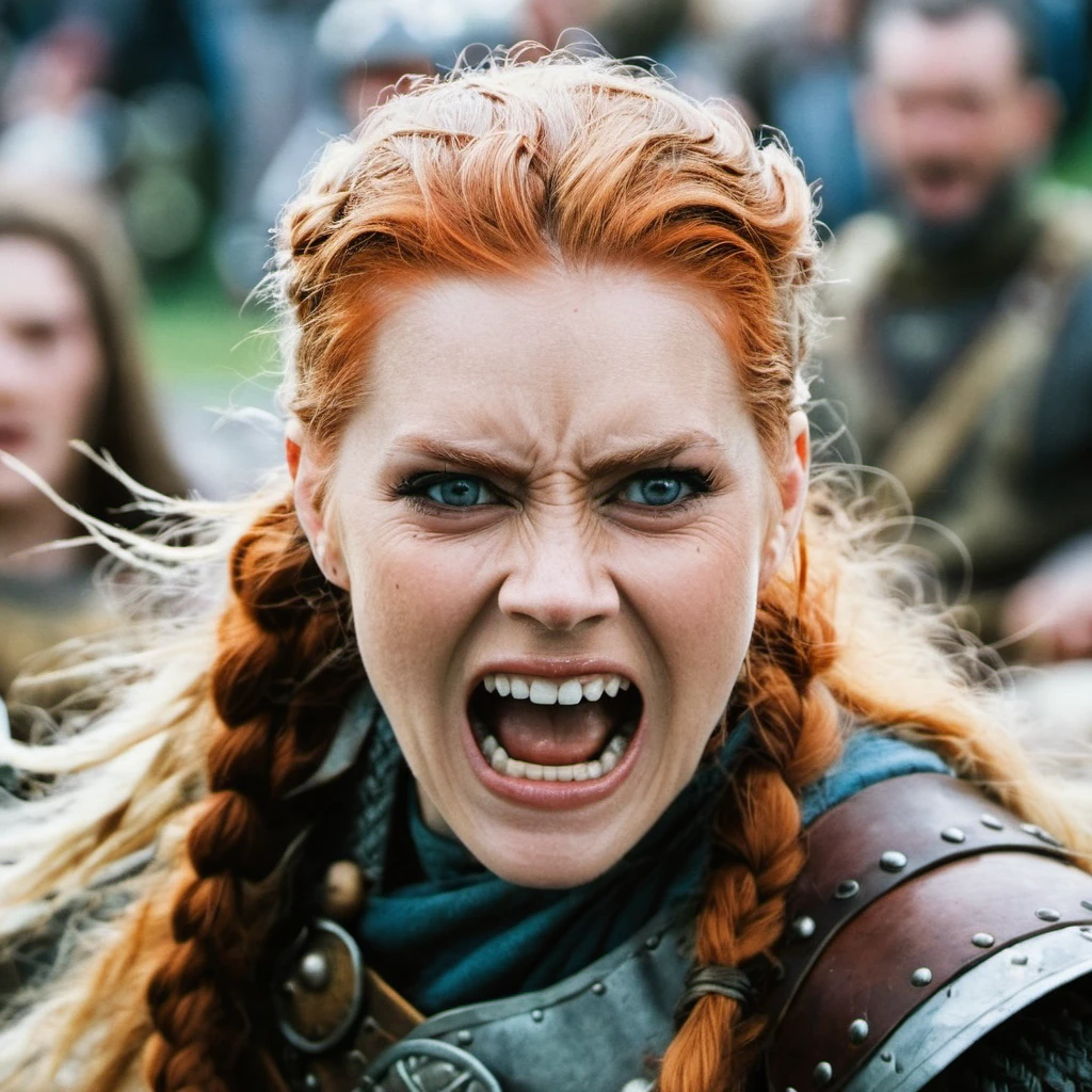 Face closeup of a, angry shouting viking princess in a battle, grim,f /2.8, Canon, 85mm,analog, fiilm grain ,  <lora:amadams_xl_1_standard_merger_35_63_03_07:1>, ((shouting))