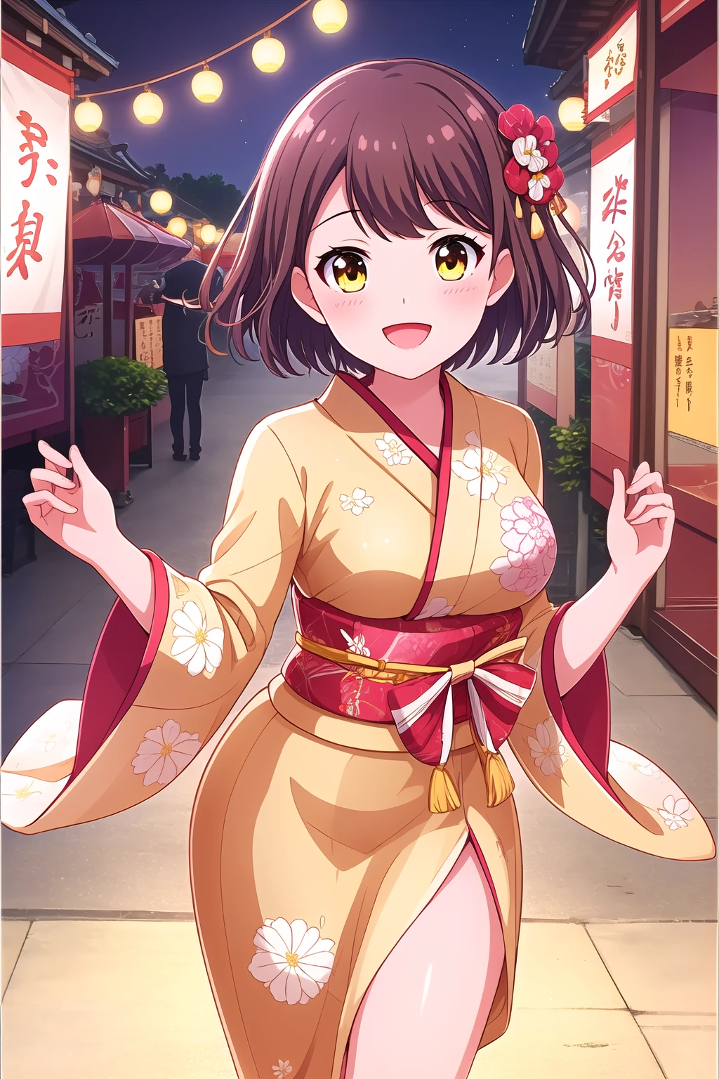 (masterpiece, best quality), highly detailed background, perfect lightingbest quality, sakaidemariy, solo, outdoors, night, summer festival, brown hair, swept bangs, short hair, yellow eyes, medium breasts, yellow kimono, floral print, japanese clothes, smile, open mouth, :d, pink lips, <lora:Sakaide-Mari:0.7>