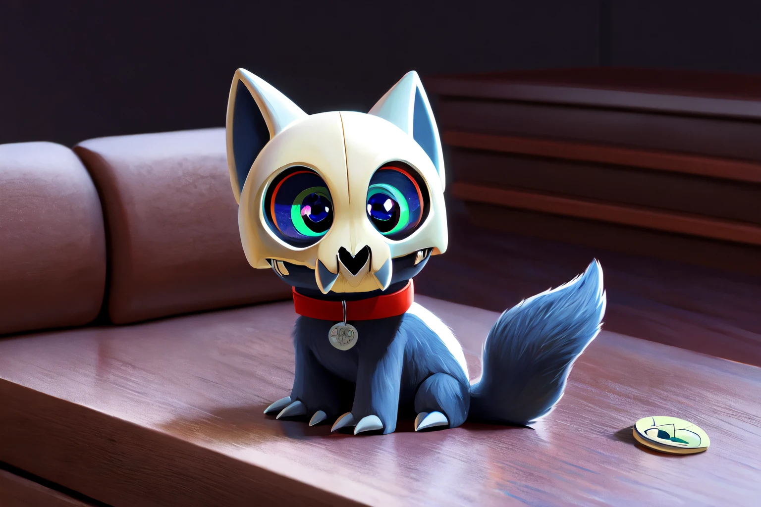 beautiful eyes, high detail skin, high detail eyes, high detail hair, highres, ultra detailed, sharpen picture, Highly detailed, masterpiece, best quality, photorealistic,  
 <lora:ClawthorneLoRA:0.7>1boy, skull helmet, teeth, pokemon (creature), colored sclera, red collar with circle pet tag, claws, tail, sitting on a couch, chibi, looking cute, smile