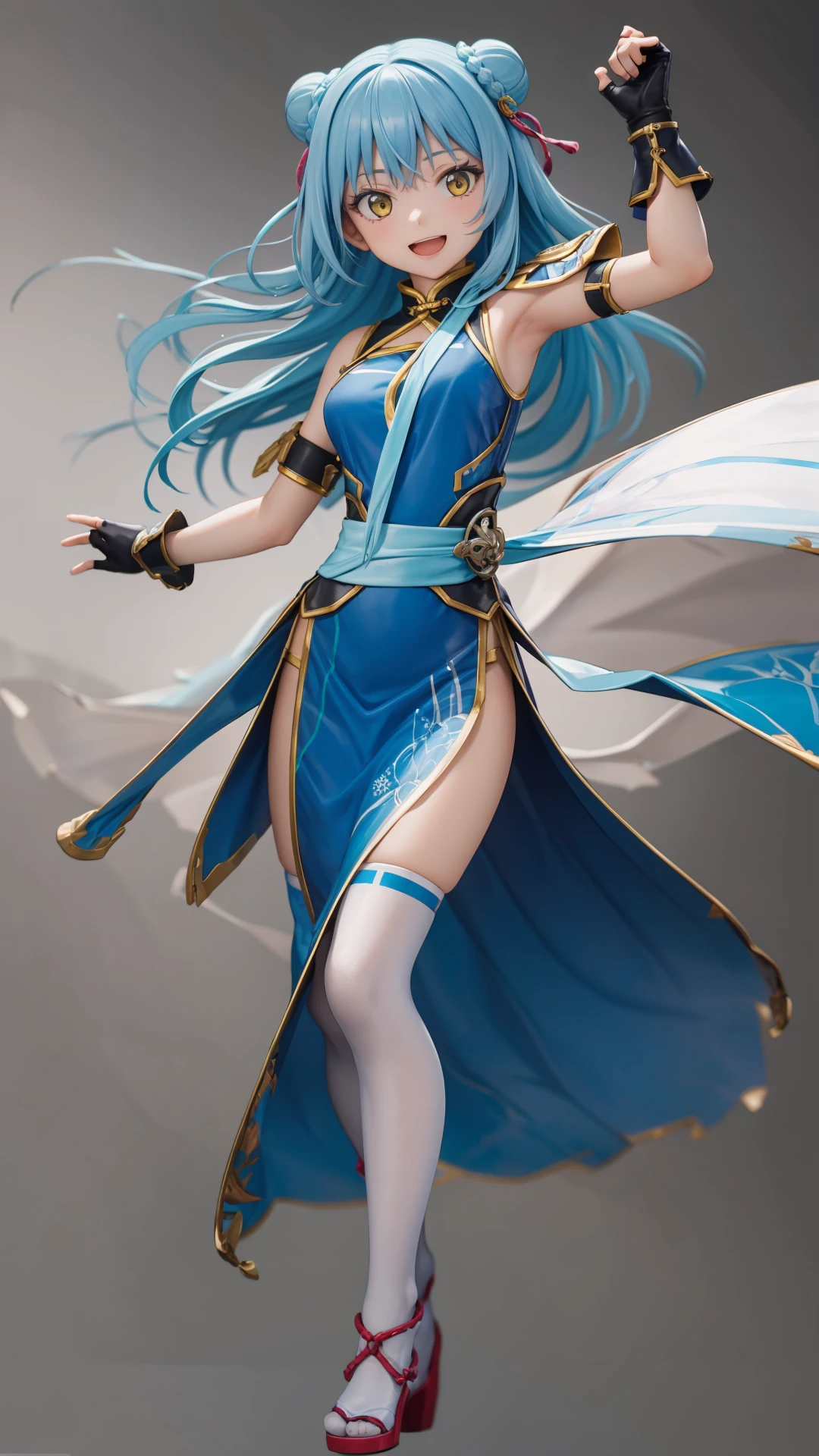 (masterpiece, best quality),ray tracing,absurdres, HDR,1girl,rimuru tempest, hagun, long hair, blue hair, solo, yellow eyes, gloves, thighhighs, closed mouth, large breats , smile, fingerless gloves, hair bun, chinese clothes, full body, double bun, standing, dress,, looking at viewer, china dress, :d, <lora:rimuru hagun:0.7>