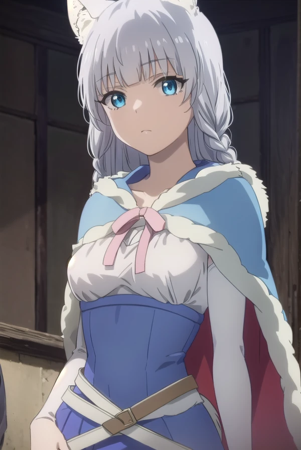 kemonoshigure, <lora:kemono shigure s1-lora-nochekaiser:1>,
shigure, long hair, blue eyes, animal ears, braid, grey hair, animal ear fluff, wolf ears, wolf tail, wolf girl, tail,
BREAK skirt, cape, blue skirt, capelet, skirt, thighhighs, white thighhighs,
BREAK outdoors, forest,
BREAK looking at viewer, (cowboy shot:1.5), dynamic pose,
BREAK <lyco:GoodHands-beta2:1>, (masterpiece:1.2), best quality, high resolution, unity 8k wallpaper, (illustration:0.8), (beautiful detailed eyes:1.6), extremely detailed face, perfect lighting, extremely detailed CG, (perfect hands, perfect anatomy),
