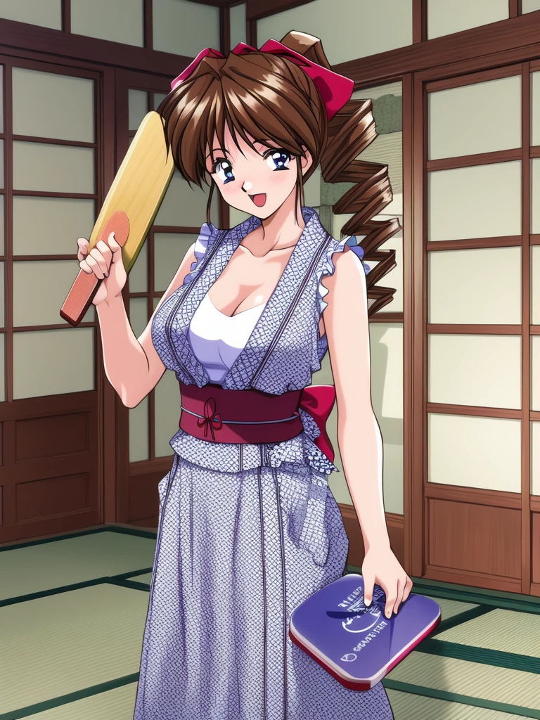 <lora:asakura_natsuki:1>, ãasakuranatsuki, 1girl, solo, brown hair, bath yukata, japanese clothes, breasts, underwear, cleavage, long hair, paddle, open mouth, blue eyes, panties, bra, drill hair, kimono, yukata, ribbon, ponytail, hair ribbon, looking at viewer, smile, blush, standing, bow, cowboy shot, large breasts, retro artstyle
Inn, room, Japan, tatami,
masterpiece, high quality, very_high_resolution, large_filesize, full color,
