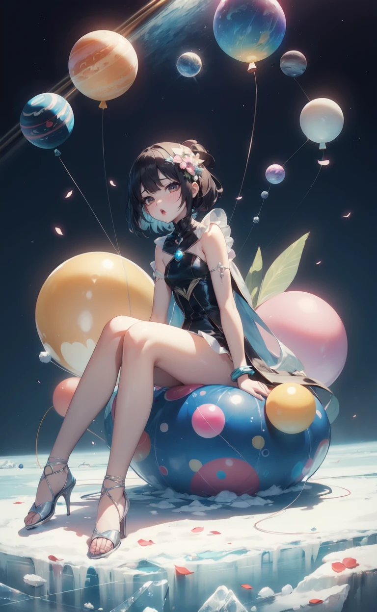 ([balloons:Small planets:0.5]:1.4), (Small_planets inside of balloons:1.4), (lots of colorful Small_planets:1.35) (colorful planets, earth, floating petals, big balloons:1.22), 1 girl, cute face, Full body, sitting, detailed beautiful eyes, bare legs, costume combination, Goddess, perfect body, [nsfw:0.88] (sitting on ice_planet:1.22) (lots of [floting blue Butterflies:floting ice:0.4]:1.22) (detailed light), (an extremely delicate and beautiful), volume light, best shadow,cinematic lighting, Depth of field, dynamic angle, Oily skin,