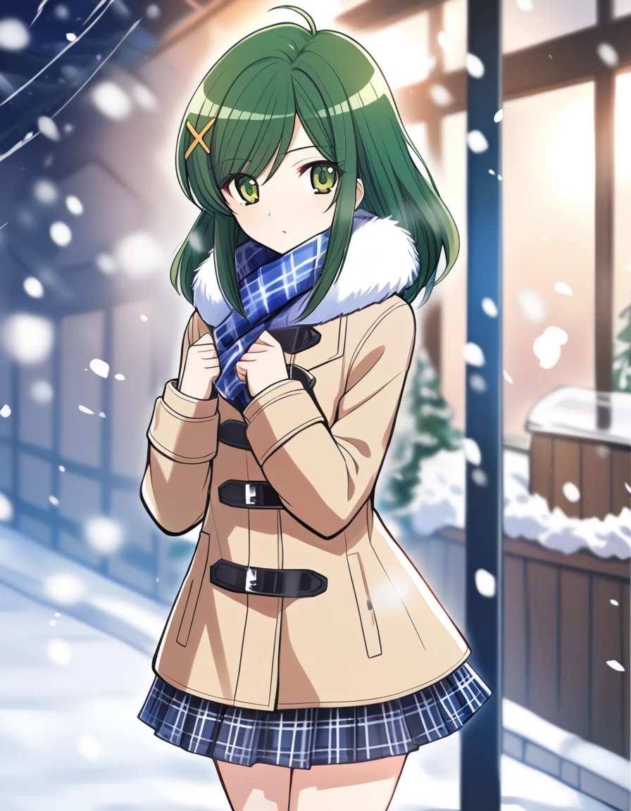 <lora:TachibanaYuriaXL_2-000020:0.8> 1girl, tachibana yuria, coat, fur trim, long sleeves, plaid skirt, x hair ornament, looking at viewer, standing, facing viewer, full face, falling snow