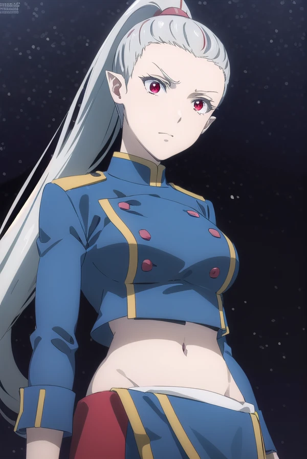 kemonorose, <lora:kemono rose s1-lora-nochekaiser:1>,
rose, long hair, (red eyes:1.3), very long hair, ponytail, grey hair, pointy ears, high ponytail,
BREAK skirt, gloves, navel, midriff, uniform, crop top, military, military uniform, blue jacket, side slit, long skirt,
BREAK outdoors, forest,
BREAK looking at viewer, (cowboy shot:1.5), dynamic pose,
BREAK <lyco:GoodHands-beta2:1>, (masterpiece:1.2), best quality, high resolution, unity 8k wallpaper, (illustration:0.8), (beautiful detailed eyes:1.6), extremely detailed face, perfect lighting, extremely detailed CG, (perfect hands, perfect anatomy),