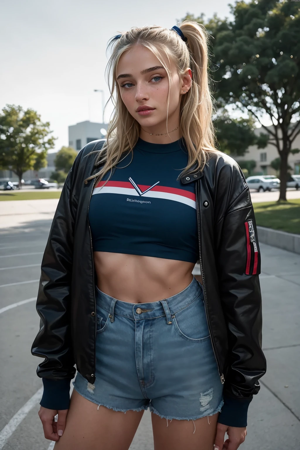 (1girl, 22 years old),  <lora:ZH_ISHoneypuu_v1:1>, zh_ishoneypuu, solo, realistic, lips, looking at viewer, long hair, blonde hair, blue eyes, slight smile, twintails, crop top, jacket, shorts, full body focus,
