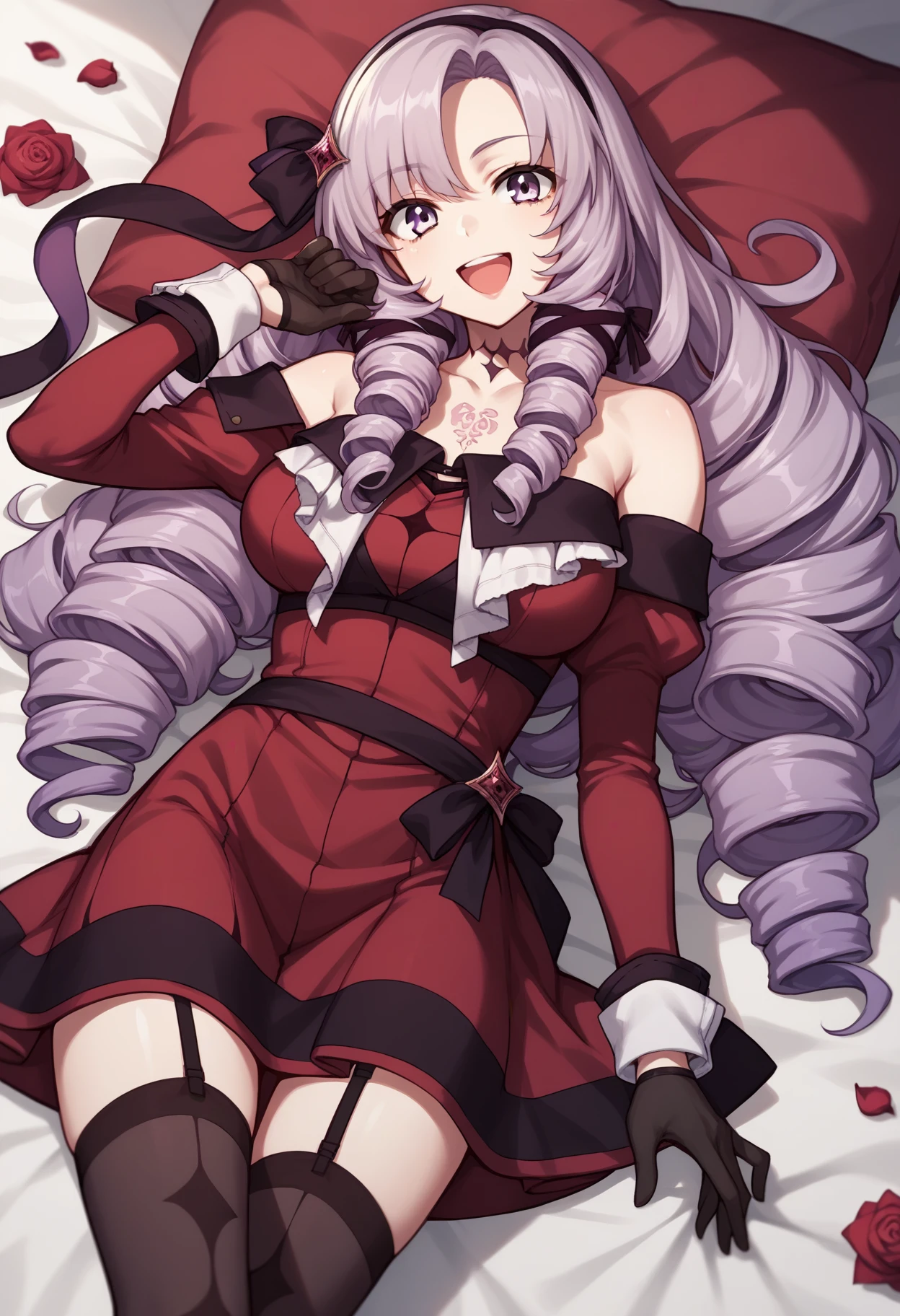 score_9, score_8_up, score_7_up, score_6_up, score_5_up, score_4_up, BREAK source_anime, salome, hair ribbon, hairband, chest tattoo, very long hair, bare shoulders, off shoulder, gloves, black gloves, dress, long sleeves, garter straps, thighhighs, black thighhighs, smile, open mouth, happy, large breasts, looking at viewer, red rose, facing viewer, cowboy shot, lying, bed<lora:Salome-19:0.9>