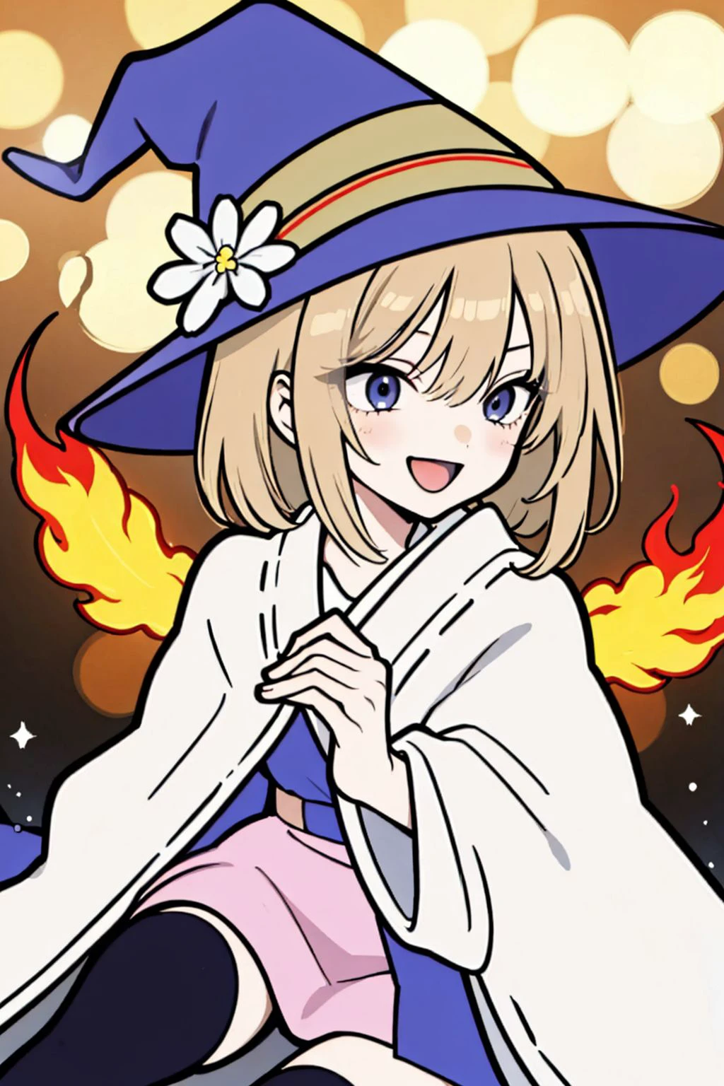 anime,girl,wizard hat,robe,thighhighs,close-up,happy,magic,fire,bokeh,depth of field,transparent,light particles,bloom effect,