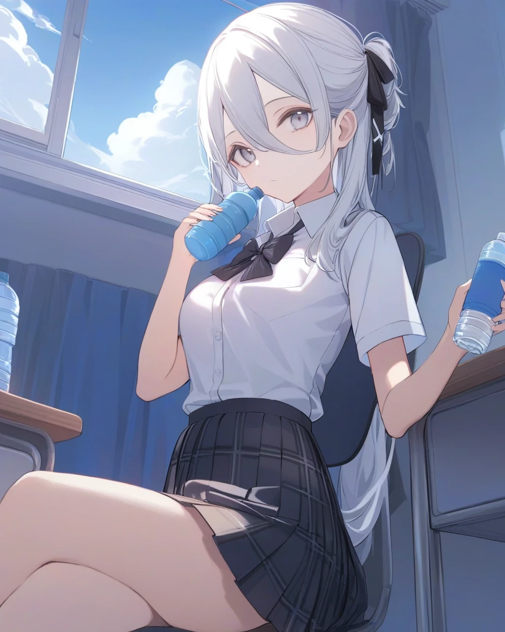 <lora:style_n:1>,1girl, water_bottle, solo, long_hair, white_shirt, looking_at_viewer, indoors, x_hair_ornament, sitting, short_sleeves, black_skirt, plaid_skirt, cloud, school_uniform, desk, collared_shirt, bangs, sky, chair, pleated_skirt, holding_bottle, white_hair, day, window, bowtie, grey_eyes, hair_between_eyes, shirt_tucked_in, black_bow, hand_up, breasts, curtains, ribbon, closed_mouth