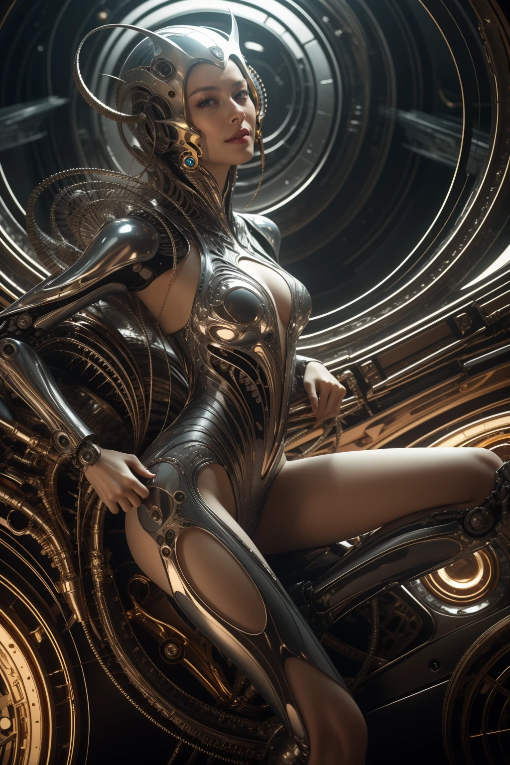 (masterpiece1.2),(best quality:1.2),(raw photo),ptp girl, solo,robot woman by cybernetic ludum dare,jumping,legs,boots,(light smile:0.85),looks at viewer,face to viewer,in the style of sci-fi baroque, (rococo_style headgear), translucent thin tubes linked with helmet,white,copper_color, glowing light,8k resolution, machine aesthetics, intricate detail, hyper-realistic sci-fi, futuristic organic,(high key lighting),the bodysuit composed of  various translucent mechanical parts, H.R. Giger aesthetic,cyberpunk aesthetic. baroque xenomorph,dust in light,foggy,bokeh,kodak film,kodak portra 400,natural skin, true skin texture,  <lora:rococo xenomorph:0.5>,<lora:epiCRealismHelper:1>