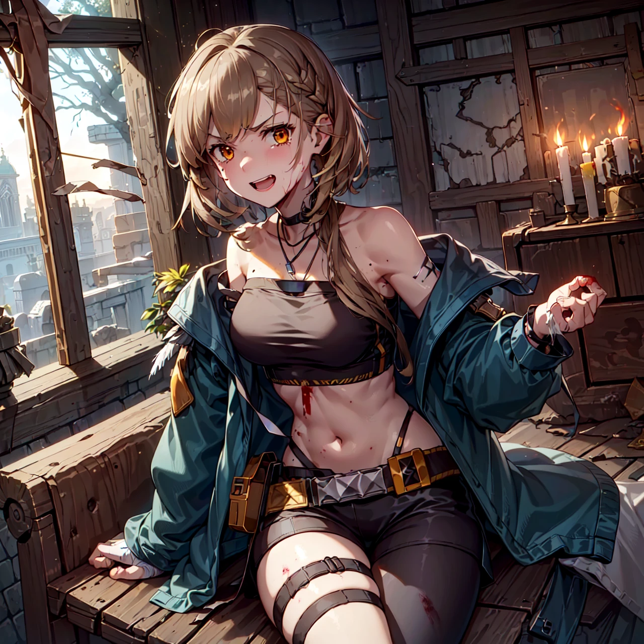 (firewhistle \(arknights\)), 1girl, solo, bare shoulders, short hair, open clothes, dog tags, open jacket, blonde hair, hair ornament, medium breasts, crop top, off shoulder, hairclip, strapless, blue jacket, ruins, moss, broken glass, praying, altar, arms behind head, hair pull, church, church interior, indoors, (((bruise, injury, blood, bandages, torn clothes))), wooden chair, candle, crying, angry, [open mouth], screaming, tears, realistic, id card, high contrast, shadow, dim lighting, feathers, fire, v-shaped eyebrows, (laughing, smirk, smile), <lora:Firewhistle_Arknights:0.5>, <lora:epi_noiseoffset2:0.8>, <lora:crying_and_screaming:0.1>