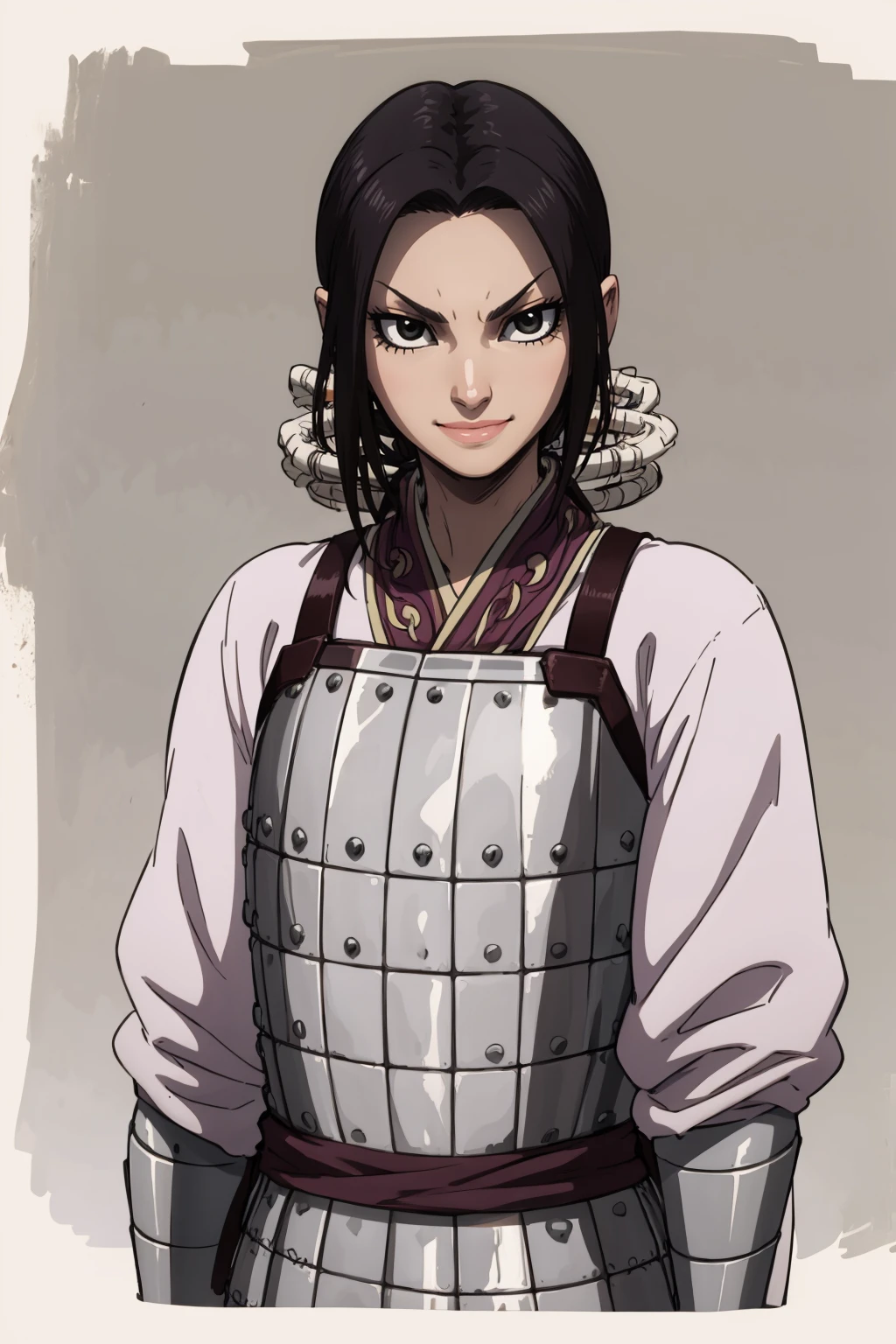 masterpiece, best quality,
1girl, kaine, black hair, black eyes, long sleeves, armor,
smile, looking at viewer, solo, upper body, standing, solo, simple background <lora:Kaine:1>