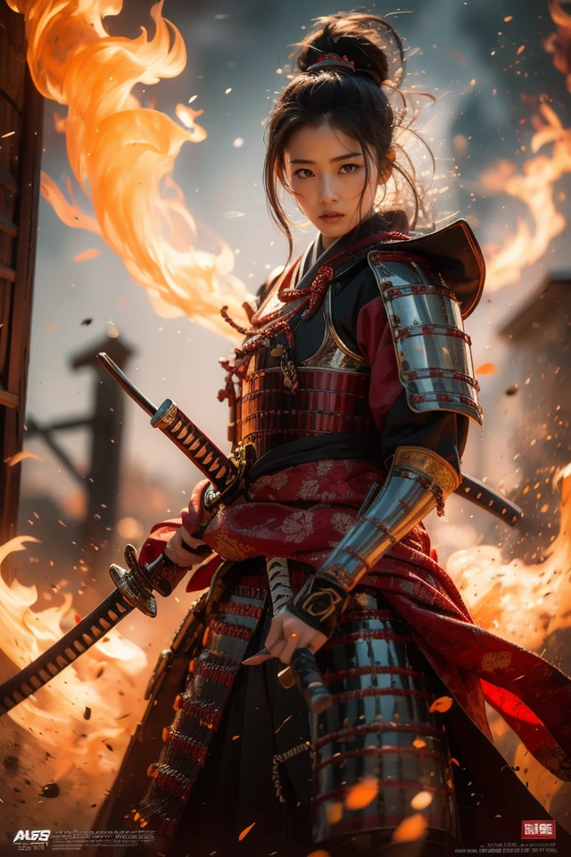 Akira Kurosawa's cinematic style poster,A 28-year-old girl,full body shoot,embodying the spirit of a Samurai from the Warring States Period in Japan. Brightly colored,with a backdrop of war,She wears traditional samurai armor adorned with intricate details,holding a katana with determination,The falling smoke of gunpowder,symbolizing the beauty amidst conflict,Detailed,historical,and with a touch of elegance,cinematic,detailed,style dominated by red,minimalist composition shimmer,edge ligh,
best quality,masterpiece,an extremely delicate and beautiful,CG,unity,8k wallpaper,Amazing,finely detail,masterpiece,official art,extremely detailed CG unity 8k wallpaper,incredibly absurdres,huge filesize,ultra-detailed,highres,extremely detailed,<lora:Samurai_20240302050726:0.8>,