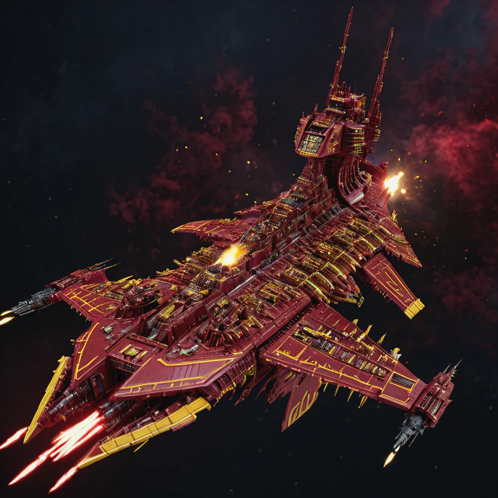 a red and yellow chaoswarfleet battleship in space, motion blur, explosions,