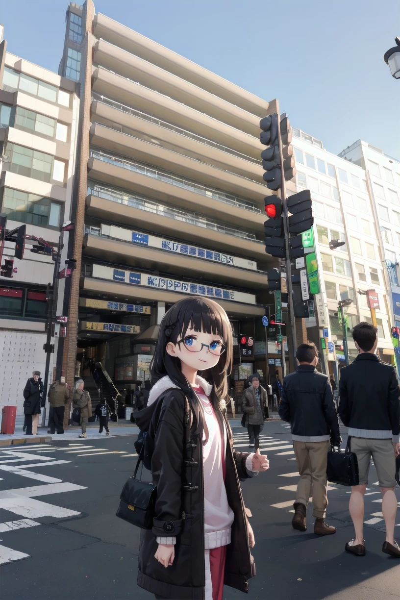 best quality, ultra high res,
1girl, solo, glasses, black hair, long hair, duffle coat, black bag, smile, looking at viewer, solo focus,
kinokuniya, storefront, real world location, scenery, sky, sign, day, city, building, street, road, blue sky, lamppost, traffic light, crosswalk, multiple boys, people, 6+boys, road sign, multiple girls, outdoors
 <lora:kinokuniya_shinjuku_SD15_V2:0.8>