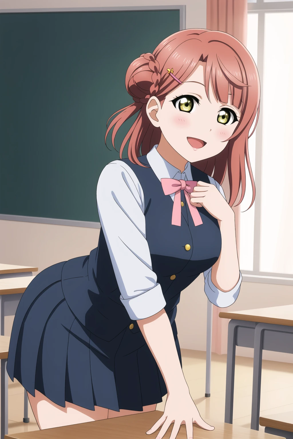 1girl, ayumu uehara, pink hair, hair ornament, yellow eyes, single side bun, <lora:AyumuaUehara_Mistoon_Locon_CulturedDiffusion:0.5>
school uniform, classroom, table, chair,
happy, hand on own chest, leaning forward,
masterpiece, best quality, highres, absurdres