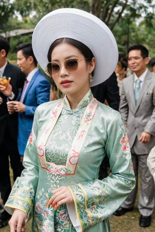 <lora:Vietnamese_disk_hat_XL:1> half length, d1sk_h4t, a woman in a celadon ao dai, sunglasses, big breasts, white hat, drunk at a wedding