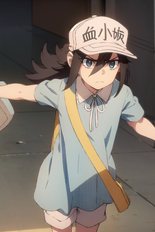 platelet, <lora:black platelet s1-lora-nochekaiser:1>,
platelet, long hair, black hair, hair between eyes, (green eyes:1.3), angry, frown,
BREAK shirt, hat, short sleeves, boots, white headwear, blue shirt, flat cap,
BREAK outdoors,
BREAK looking at viewer, (cowboy shot:1.5), dynamic pose,
BREAK <lyco:GoodHands-beta2:1>, (masterpiece:1.2), best quality, high resolution, unity 8k wallpaper, (illustration:0.8), (beautiful detailed eyes:1.6), extremely detailed face, perfect lighting, extremely detailed CG, (perfect hands, perfect anatomy),