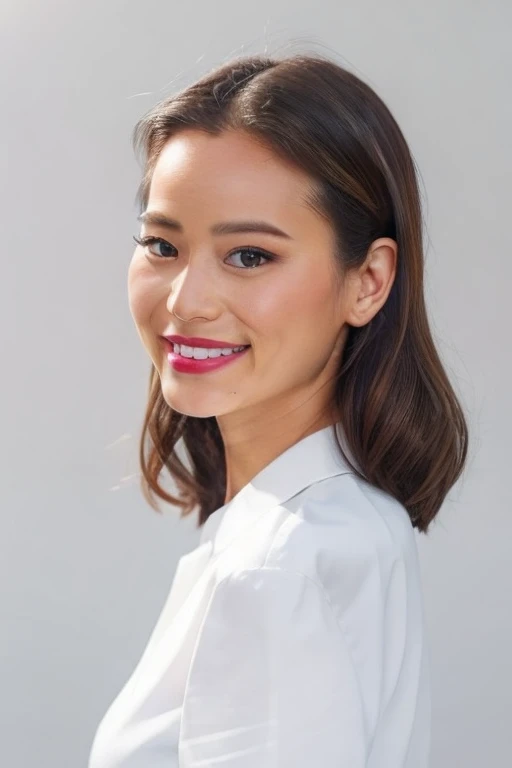 1girl, solo, white shirt, portrait, dark hair, slicked back hair, grin, simple background
 <lora:jmc512:1>