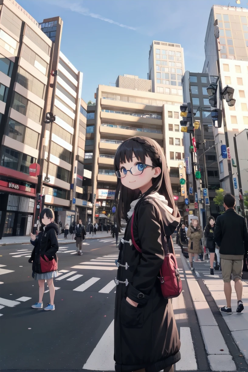 best quality, ultra high res,
1girl, solo, glasses, black hair, long hair, duffle coat, black bag, smile, looking at viewer, solo focus,
kinokuniya, storefront, real world location, scenery, sky, sign, day, city, building, street, road, blue sky, lamppost, traffic light, crosswalk, multiple boys, people, 6+boys, road sign, multiple girls, outdoors
 <lora:kinokuniya_shinjuku_SD15_V2:0.8>