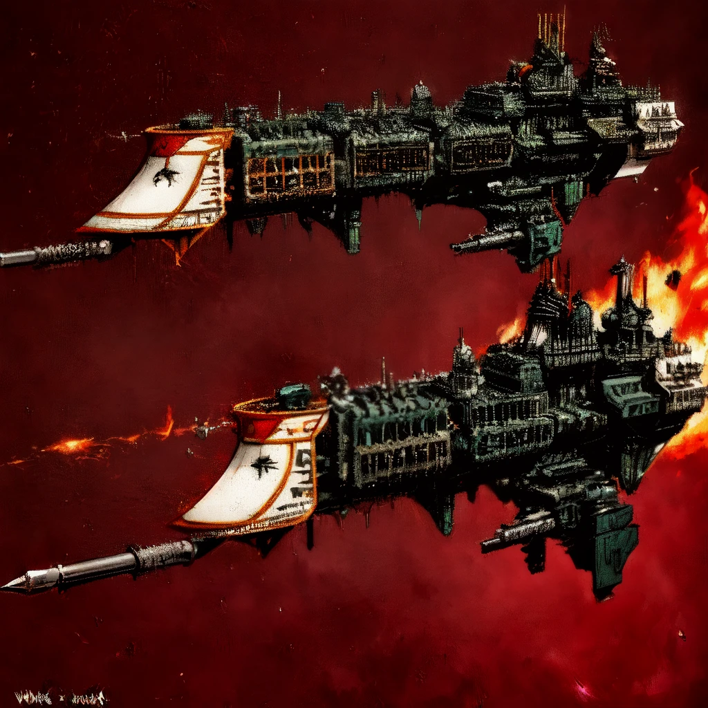 impstarship, battleship, in_space, white, green, nebula, battle, exposions, fire, motion_blur, pulp_comic, heavy_lines, hand_drawn, hand_inked, hand_colored,