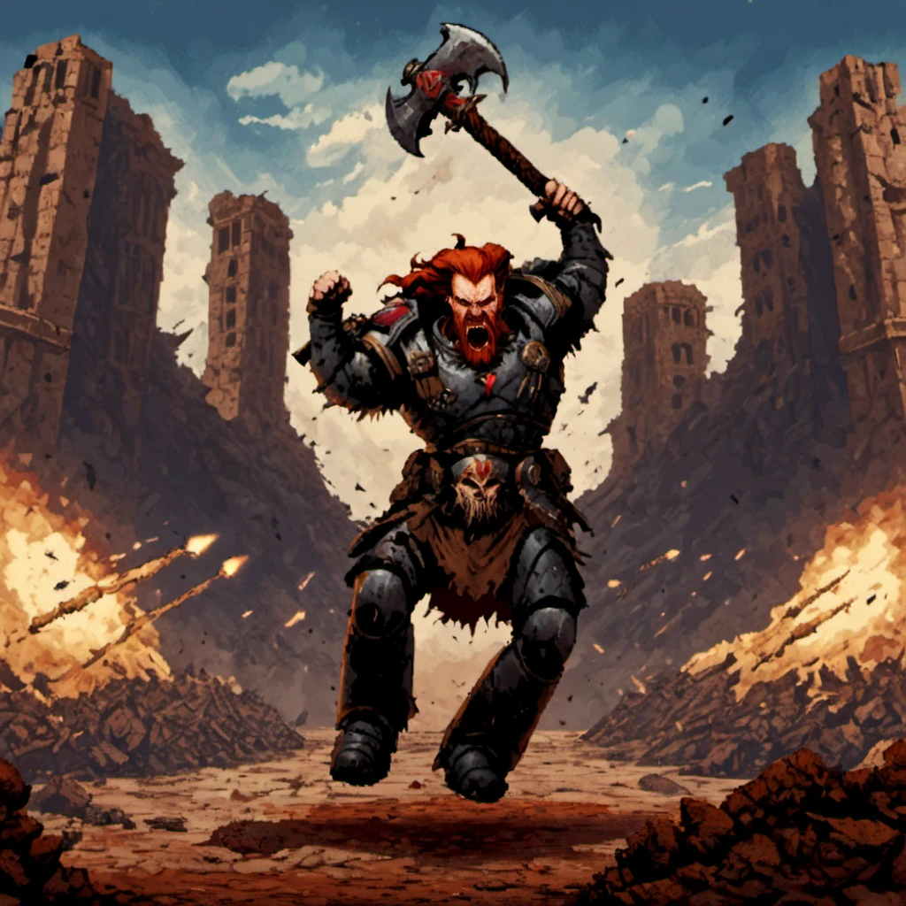 a spcwlf man swinging a huge double_headed_axe over his head, red hair, beard, braids, dramatic action pose, battlefield, city, ruins, cathedral, explosions, fire