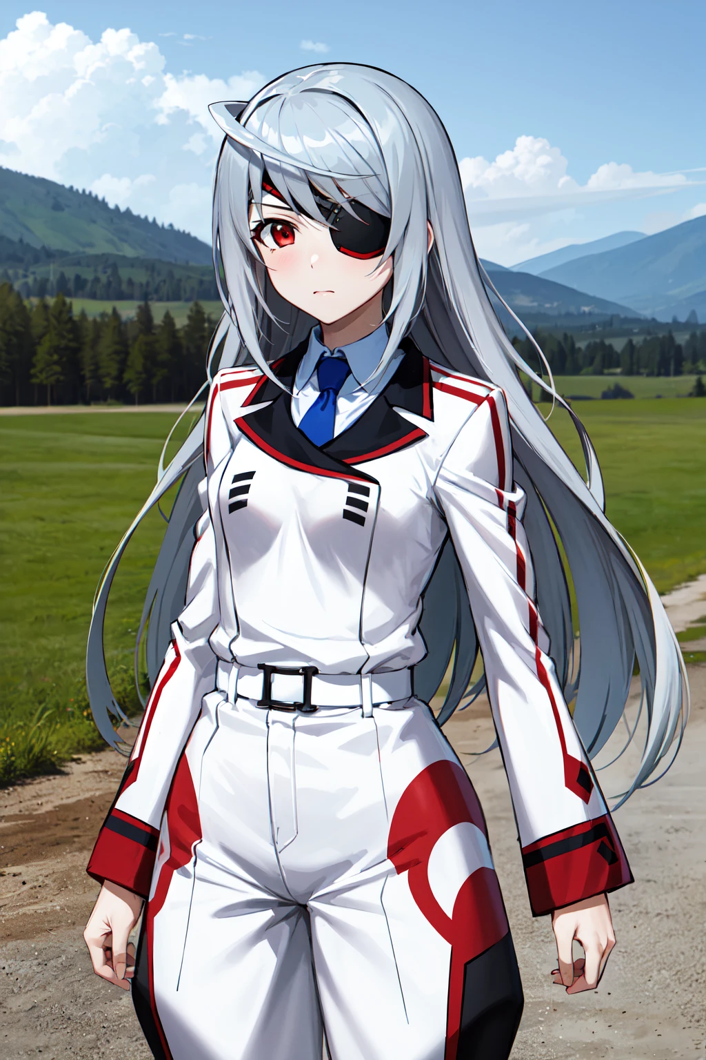 masterpiece, best quality, highres, aalaura, long hair, eyepatch, school uniform, necktie, collared shirt, white jacket, belt, white pants, <lora:laura_bodewig_v1:0.7>, standing, cowboy shot, outdoors