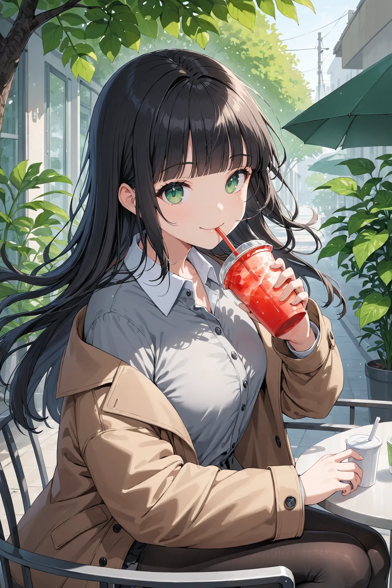 1girl, solo, masterpiece, best quality, outdoors, black hair, black pantyhose, blunt bangs, closed mouth, coat, collared shirt, cup, drinking, drinking straw, floating hair, green eyes, grey shirt, long hair, looking at viewer, pantyhose, plant, shirt, smile, tree, upper body