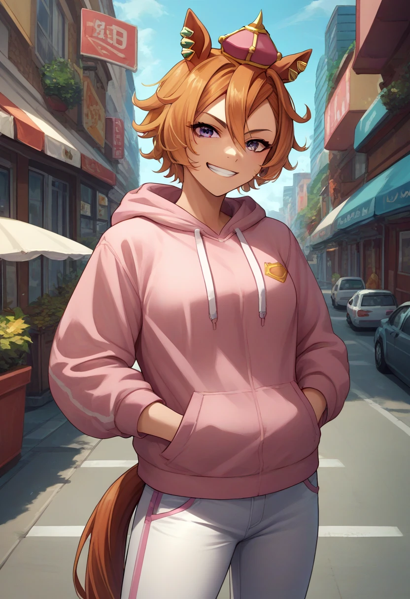 score_9, score_8_up, score_7_up, source_anime, solo, 1girl, tmoperao, grin, looking at viewer, hands in pockets, mini crown, horse ears, pink hoodie, white pants, ear piercing, horse tail, outdoors, city street <lora:umamusume_tmoperao_ponyXL:1>