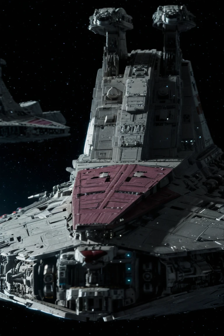 front of venator flying through space, metallic surface, realistic canon photograph, vignette and film grain, cinematic <lora:Venator v1.2:0.8> <lora:xl_more_art-full_v1:0.3> <lora:add-detail-xl:5>
