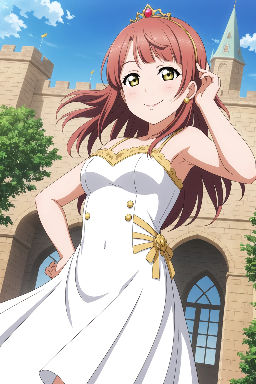 1girl, ayumu uehara, pink hair, hair ornament, yellow eyes, <lora:AyumuaUehara_Mistoon_Locon_CulturedDiffusion:0.5>
princess, tiara, long hair, castle, tower, white dress,
smirk, hand on own stomach, spread armpit,
masterpiece, best quality, highres, absurdres